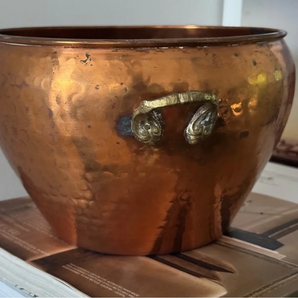 Vintage Hosley Copper Container Planter W/ Brass Handles / vase